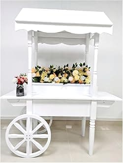 6.5ft Tall White Candy Cart on Wheels for Weddings and Parties Decorated Wood Sweet Cart for Candy and Dessert Display