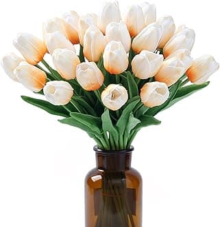 SITUMEIZI 15pcs Tulips Fake Artificial Flowers Real Touch 14" Silk Flower for Home Decor Spring Easter Wedding Bouquet Decorations Floral Arrangements(Light Champagne)