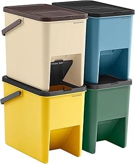 SONGMICS Recycling Bins for Kitchen, Set of 4 Stackable Trash Bins, 20L Each, Waste Separation System, Press-to-Open Lids, with Stickers, Storage Bins, Yellow, Blue, Beige and Green LTB760Q01