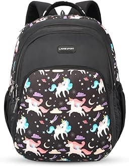 Lavie Sport Unicorn Star 39L Printed School Backpack with Rain cover for Girls (Black)