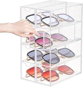 2 Pack Stackable Glasses Storage Box, Hard Shell Stackable Eyeglass Case Storage Organizer, Glasses Display Case with 8 Storage Compartments for Unisex Sunglasses (2Pack,8 Storage)