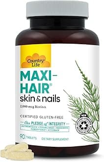 Maxi-Hair Supplement - 2000mcg Biotin & Vitamins for Hair, Skin & Nails - Certified Gluten-Free & Vegetarian - Supports Hair Growth, 90 Tablets
