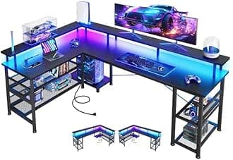 ODK 66" L Shaped Gaming Desk with Power Outlet and LED Lights, PC Gaming Table with Carbon Fiber Texture, Reversible L Shape Desk with Storage Shelves & Monitor Stand, Home Office Desk, Black