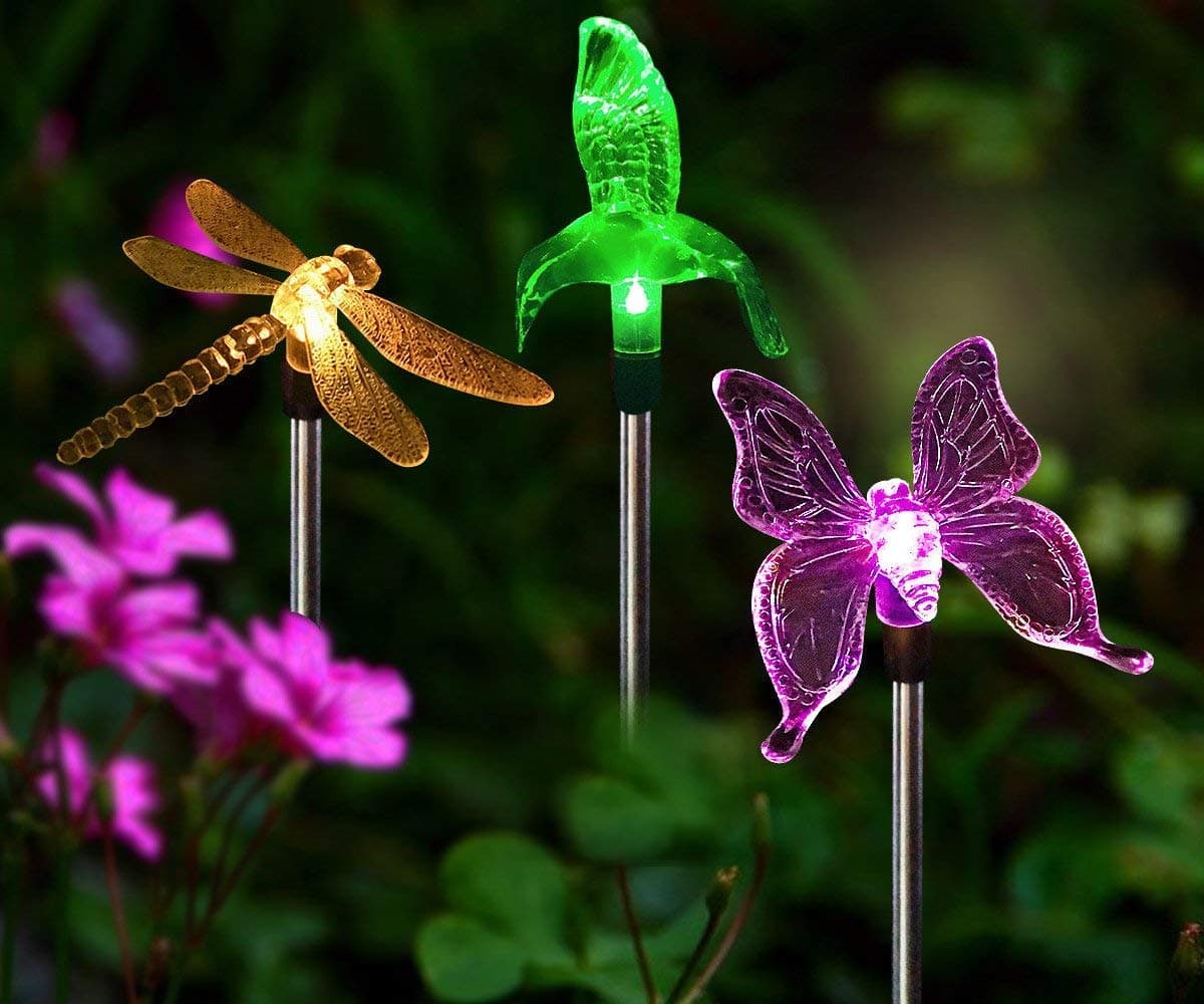 Solar Stake Lights Outdoor - 3 PCS Multi-Color Changing LED Garden Lights Dragonfly, Butterfly & Hummingbird, Outdoor Solar Garden Lights Decorative for Path, Yard, Lawn, Patio,Driveway,Garden