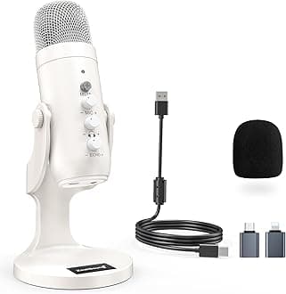 Podcast Microphone, Noise Cancellation Mic with Gain, Volume Adjustment & Mute Button, Monitor & Echo, for ASMR, Vocal Recording, YouTube, TikTok, PC, iPhone, iPad, Android, Mac, K66, White
