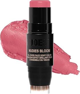 NudeStix Nudies Bloom Blush Stick w/Blending Brush, 3-in-1 Dewy Color for Cheeks, Eyes, Lips, Brightening Balm Makeup for Natural Healthy Glow, Glossy Finish, 0.25 oz (7g) (Bohemian Rose)