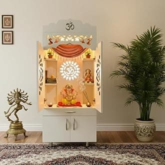 Alpine Willow Wooden Temple for Home with Door | 145x60x35 cm | Pre-Assembled Modern Pooja Mandir with LED Light, Storage Cabinet & OM Design | Pooja Stand for Living Room & Offices | Devghar