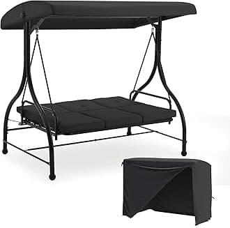U-MAX Porch Swing with Cover, Patio Swing with Adjustable Backrest&Canopy 3 Seat Outdoor Swing with Canopy 2-in-1 Convertible Patio Daybed with Removable Black Cushions