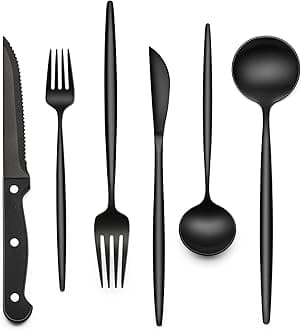 EWFEN 24-Piece Black Silverware Set with Steak Knives, Black Flatware Set for 4, Food-Grade Stainless Steel Tableware Cutlery Set, Mirror Finished Utensil Sets for Home Restaurant, Long Edge