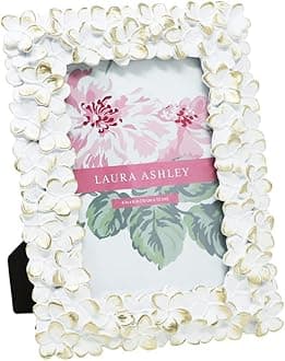 Laura Ashley 4x6 White & Gold Flower Textured Hand-Crafted Resin Picture Frame w/Easel & Hook for Tabletop & Wall Display, Decorative Floral Design Home Décor, Photo Gallery, Art (4x6, White/Gold)
