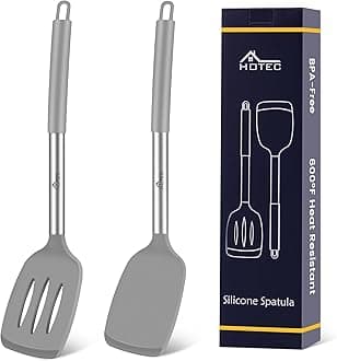 HOTEC Silicone Spatula Set of 2 Heat-Resistant 600°F & BPA-Free Kitchen SaptulaTurner with Stainless Steel Handles, Slotted & Solid Spatulas for Nonstick Cookware, 13.7 Inch, Grey