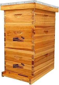 MayBee 8-Frame Langstroth Beehive Dipped in 100% Beeswax, Bee Hive for Beginner, Honey Bee Hives Includes 2 Deep Bee Boxes, 1 Bee Hive Super with Beehive Frames and Foundation (3 Layer)