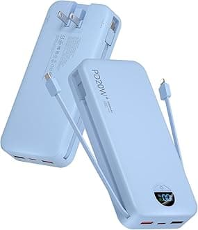 citicr Portable Charger Power Bank, 20000mAh PD20W USB C Fast Charging with Built-in Cables & Wall Plug, External Battery Pack with LED Display, Travel Essentials for iPhone, iPad, Samsung Blue
