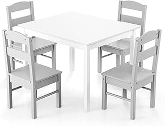 Kids Table and Chair Set, Wooden Children Desk and 4 Chairs, 5 Pcs Kids Activity Furniture for Nursery, Playroom, Preschool and Kindergarten, Boys and Girls Aged 3+ Years Old (Grey+White)