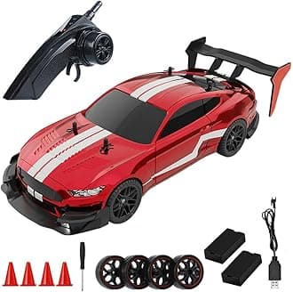 RC Drift Car, 1:14 4WD 40KM/H High Speed RC Racing Car with LED Lights, 2 Batteries, Drifting and Racing Tires for Adults (Red)