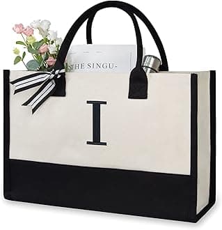 Personalized Initial Canvas Beach Bag, Monogrammed Gift Tote Bag for Women, I, Medium
