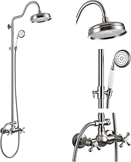 gotonovo Bathroom Shower Faucet Set with Cross Handles, Wall Mount 8 Inch Rain Shower Head, 2 Handle, Shower Faucet and Handheld Shower System, Vintage Brushed Nickel