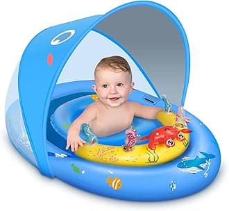 LAYCOL Baby Pool Float with Canopy UPF50+, 120°Adjustable Sun Protection and Anti-Tip Safety Seat, Inflatable Toddler Floaties Infant Pool Float with Animal Pool Toys, Baby Beach Essentials for 6-36M
