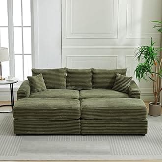 WILLIAMSPACE 82.68" Sectional Sofa Cloud Couch with 2 Ottomans for Living Room, Modern Upholstered 3 Seater Sofa Reading Chair Couch with 2 Pillows, Reclining Sofa Bed, Corduroy (Green)