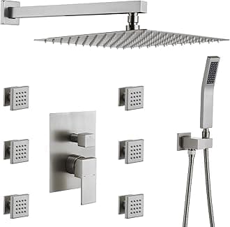 Rain Shower System With Complete 6 Pcs Body Sprays Jets And Pressured Balance Rough-in Valve,12Inch Rainfall Shower Head And Handheld, Modern Brushed Nickel Wall Mount Shower Faucet Sets