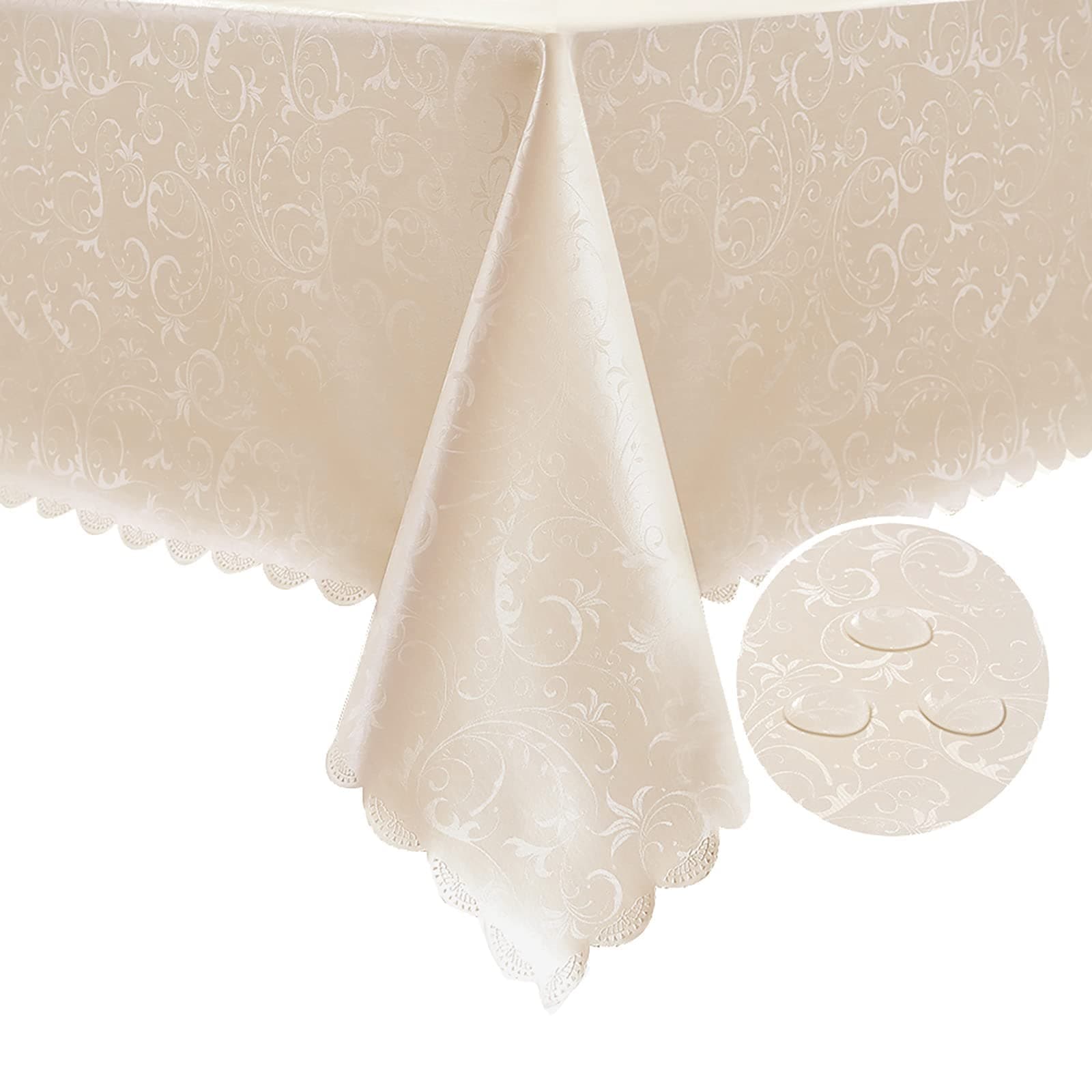 Romanstile Rectangle Vinyl Tablecloth,100% Waterproof Heavy Duty Oil Spill Proof Stain Resistant Plastic PU Table Cover with Flannel Backing for Kitchen, Dining (Flower Beige, 54 x 78)