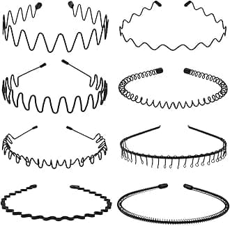 Metal Headband for Men, Unisex Black Wavy Spring Hair Band, Zig Zag Head Band, Fashion Elastic Hair Accessories, Multipack Options Available (8 Pack)