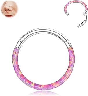 Hinged Opal Nose Rings Hoops - 16G/18G/20G 316L Surgical Steel Hinged Hoop Nose Rings Septum Rings Conch Helix Daith Piercing Jewelry Purple/Pink/Blue/White 10mm/8mm Silver/Gold Plated
