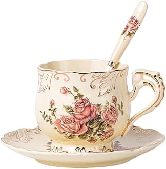 YOLIFE Tea Cup and Saucer Set, 8 oz Tea Cup Set, Teacup, Ceramic Tea Cup with Suacer Spoon, Ivory Vintage Rose Floral with Gold Leaves Trim, Gifts for Women