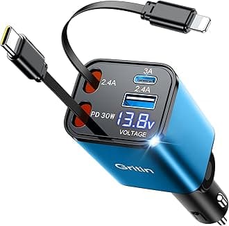 Gritin Retractable Car Charger, 69W Super Fast 4 in 1 USB C Car Charger Adapter with Smart Device-Adaptive Charging Technology& Current Display, Car Accessories for Phone, Android- Blue