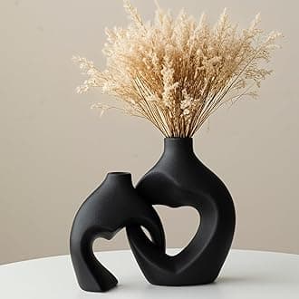 White Ceramic Vases, Set of 2, Round Hollow, Modern Flower Vase for Home Decor, Boho Style, Minimalist Decor for Living Room, Dining Room, Entryway Table (Heart Black)