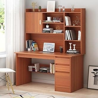 LITFAD Modern Computer Desk Work from Home Desk with Hutch, Bookcase and Integrated Cable Management, Rectangular Wood Office Desk 3 Drawers, 47.2" L x 17.7" W x 64.2" H, Brown