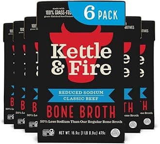 Kettle & Fire and Reduce Sodium Beef Organic Bone Broth, Keto, Paleo, Whole 30 Approved, Gluten Free, 17g of Protein, Natural Source of Collagen, Pack of 6