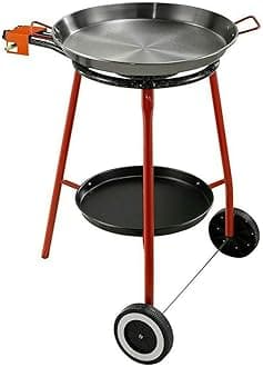 Garcima Andreu Paella Pan Set with Burner, 18 Inch Carbon Steel Outdoor Pan and Reinforced Legs Imported from Spain (12 Servings w/Wheels)