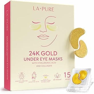 LA PURE 24k Gold Under Eye Mask for Dark Circles and Puffiness, Revitalizing & Non-Irritating Anti Aging Eye Patches with Hyaluronic Acid & Collagen - Dermatologically Tested - 15 Pairs Eye Gel Pads