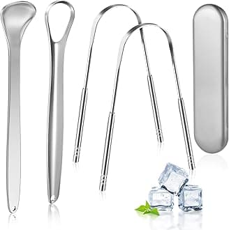 MORGLES Tongue Scraper Cleaner, Stainless Steel Tongue Cleaners Tongue Scrapers for Adults Reduce Bad Breath Tongue Brush Dental Kit with Case (4 Pack)