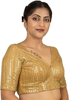 FIGURE'S DESIGNER Women's Sequin V Neck Elbow Half Sleeve Readymade Saree Blouse E1