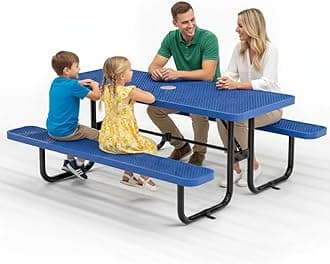 Commercial Heavy-Duty Metal Picnic Table - ADA Compliant, Adjustable Seats, Umbrella Hole, Expanded Metal (Blue, 6' Rectangular)