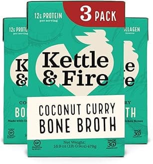 Kettle and Fire Coconut Curry & Lime Chicken Bone Broth, Keto, Paleo, and Whole 30 Approved, Gluten Free, High in Protein and Collagen, 3 Pack