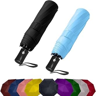 SIEPASA Two Packs Auto Open & Close Small Travel Umbrella Compact for Backpack-Umbrellas for Rain, Lightweight Strong Mini Portable Umbrellas for Men and Women.. (Black & Light Blue, 2 Pack)