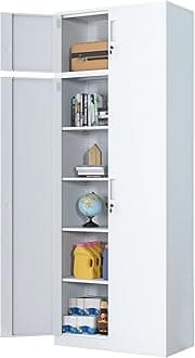 iJINGUR Metal Storage Cupboard with Locking Doors and 4 Adjustable Shelves, Extra Tall Lockable Steel Storage Cabinets for Home Office Garage Kitchen Pantry (White)