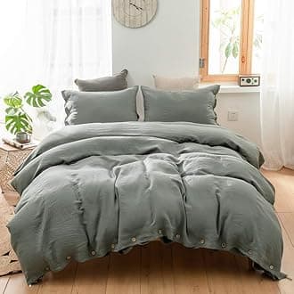 Simple&Opulence 100% Linen Duvet Cover Set 2pcs with Coconut Button Closure Natural French Washed Flax Solid Color Soft Breathable Farmhouse Bedding - Cushing Green, Twin Size