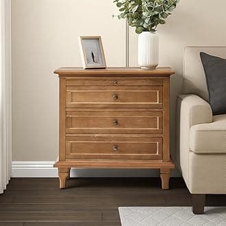 HULALA HOME Farmhouse 3 Drawer End Table with Tray, Drawer Organizer with Solid Wood Legs, End Table with Charging Station（Acorn）