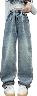 Kids Girls' Fashion Elastic Waist Wide Leg Baggy Denim Pants Straight Washed Loose Jeans Age 5-14 Years