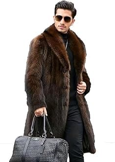 FTIMILD Men's Long Faux Fur Coat Single Breasted Warm Winter Trench Coat Fluffy Thick Overcoat
