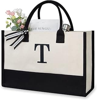 TOPDesign Personalized Initial Canvas Beach Bag, Monogrammed Gift Tote Bag for Women