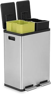 Simpli-Magic 60 Liter / 16 Gallon Rectangular Hands-Free Dual Compartment Recycling Kitchen Step Trash Can with Soft-Close Single Lid, Stainless Steel (30L x 30L Capacity)