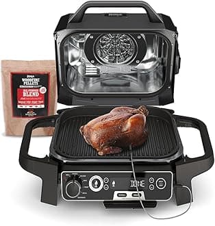 Ninja OG751BRN Woodfire Pro Outdoor Grill & Smoker with Built-In Thermometer, 7-in-1 Master Grill, BBQ Smoker, Air Fryer, Bake, Roast, Dehydrate, Broil, Woodfire Pellets, Portable,Electric(Renewed)