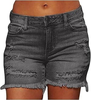 Women's Hole Denim Shorts UK Sale Clearance Ladies Fringe Jeans Pants with Pokets Casual Zipper Shorts Elasticated Waist Summer Shorts High Waisted Denim Shorts Comfy Holiday Stretchy Short Trouser