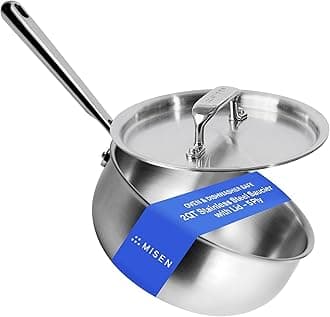 5-Ply Stainless Steel Saucier with Lid– Induction-Compatible Pan with Curved Sides for Smooth Stirring - Oven Safe to 800F – Even Heat Distribution & Ergonomic Handle - 2 QT