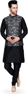 EthluxisMen's Silk Blend Kurta Churidar Pyjama with Ethnic Bundi Jacket Set